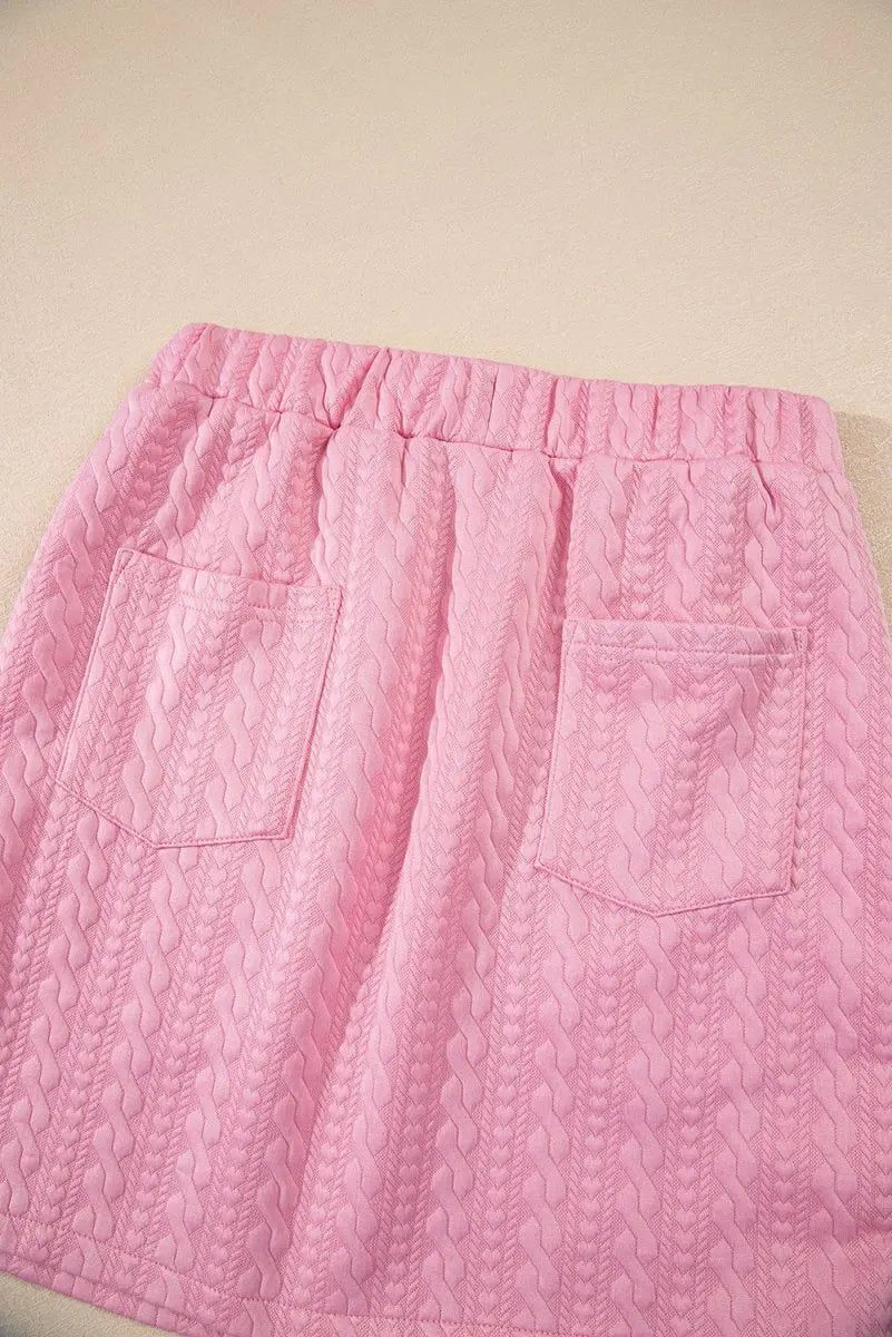 Pink Contrast Trim Textured Crewneck Tee And Pocketed Skirt Set - Love Salve